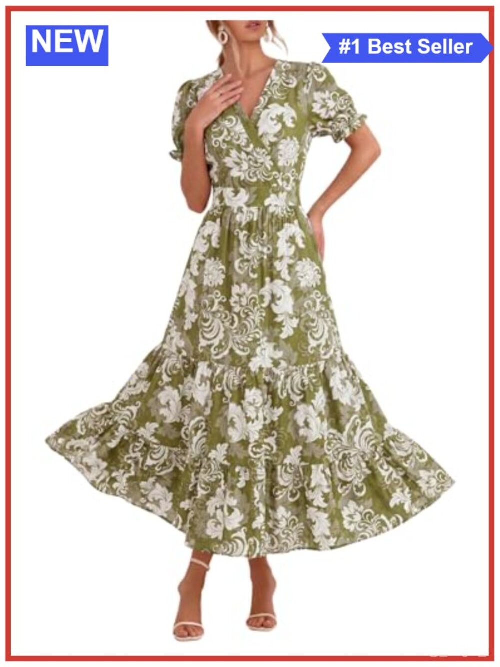 Maxi Dress with Pockets V-Neck Puffy Short Sleeve Flowly Summer Boho Casual